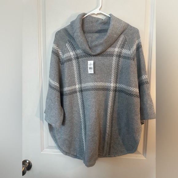 NEW Loft Grey Cotton Blend Plaid 3/4 Sleeve Cape Poncho Cowl Neck Sweater, XS/S - Picture 1 of 10
